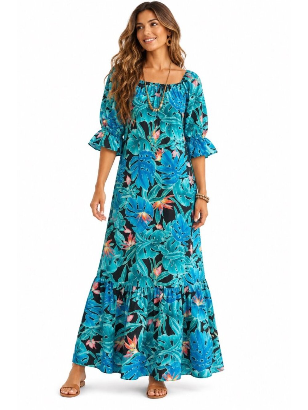 Hilo Hattie Womens Hawaiian Maxi Dress Tropical Leaf Print 3/4 Sleeves Size L